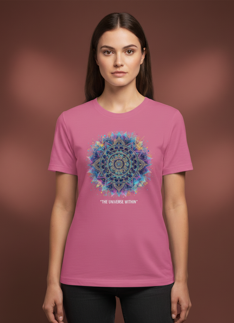 ATHERO “The Universe Within” Premium Women’s T-Shirt – Black, Pink, Red & Green | Mandala Spiritual Graphic Tee