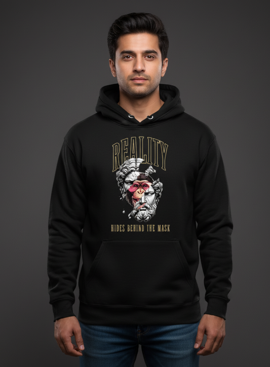 ATHERO “Reality Behind the Mask” Premium Hoodie – Black,Red, White & Yellow | Artistic Streetwear Hoodie for Men