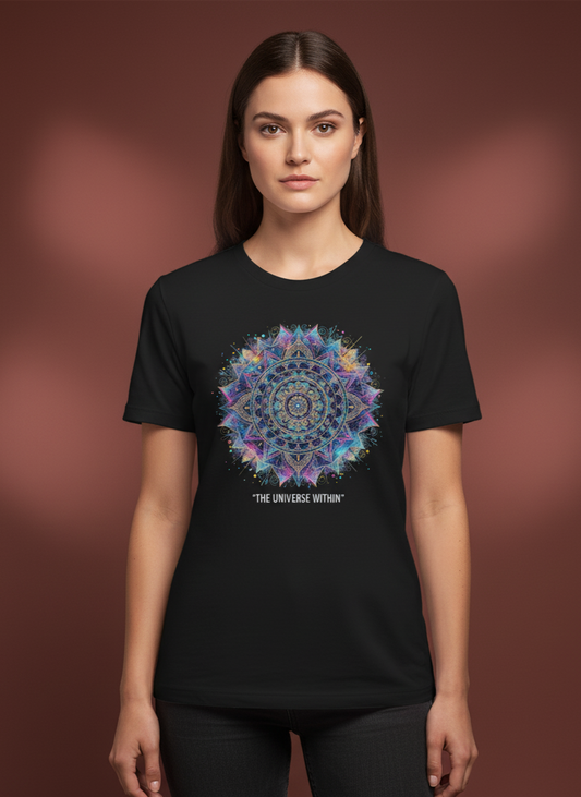 ATHERO “The Universe Within” Premium Women’s T-Shirt – Black, Pink, Red & Green | Mandala Spiritual Graphic Tee