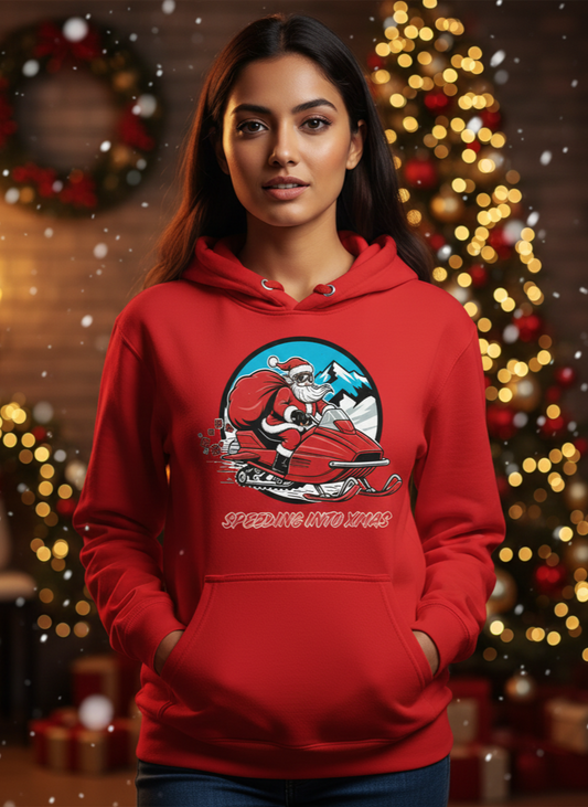 ATHERO Exclusive: "Speeding Into Xmas" Hoodie - Santa Snowmobile Red & Green Limited Edition (Unisex)